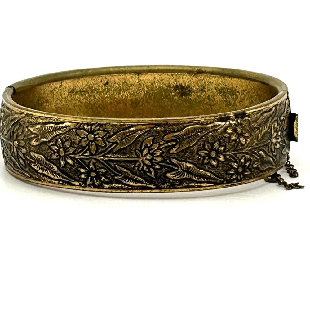 Victorian Revival Hinged Bracelet Repousse Floral Gold Tone 1in Wide